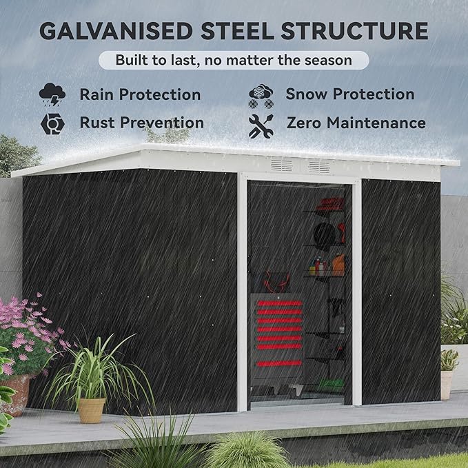 Outsunny 9' x 4' Outdoor Storage Shed, Metal Garden Tool House with Sloping Roof and Lockable Door for Backyard, Bike, Patio, Garage, Lawn, Gray