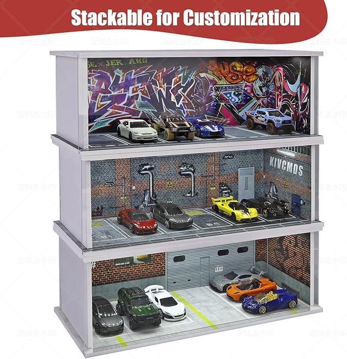 Display Case for Hot Wheels: Stackable Parking Garage for 1/64 Scale Matchbox Toy Car, Foamboard Storage for Monster Trucks with LED Light and Acrylic Cover, Depot