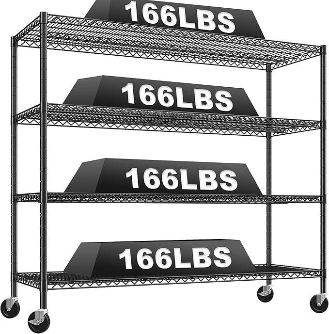 REIBII 60" W Storage Shelves 2878LBS Wire Shelving Unit with Wheels Heavy Duty Metal Shelving Adjustable Metal Shelves for Pantry,Kitchen,Garage,Basement,Business,Warehouse,School,60”W ×24”D×65.3”H