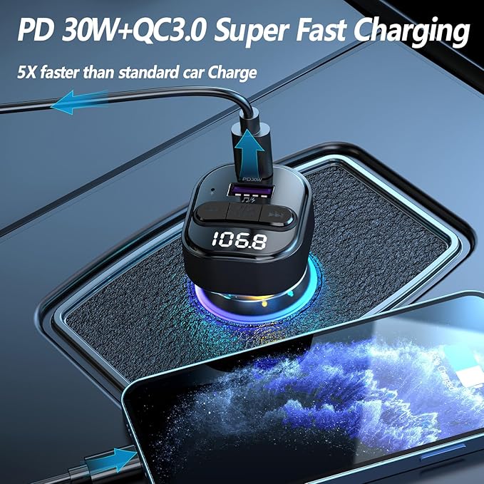 Bluetooth 5.3 FM Transmitter for Car, Bluetooth Car Adapter with Type-C PD(30W) Charger and QC3.0 USB Port, Wireless FM Radio Transmitter, Support MP3 Player, Handsfree Calling, Backlit,U Disk, Grey