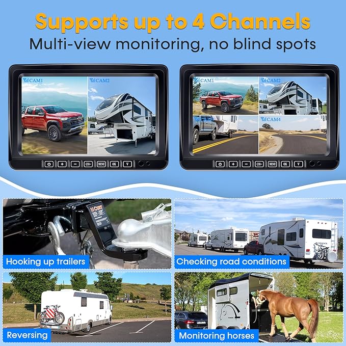 Wireless RV Backup Camera 7-inch for Trailer: Easy Setup Solar RV Rear View Camera with Recording - 4 Channels Strong Magnetic HD 1080P Long-Battery Life for Camper, Truck, Fifth Wheel