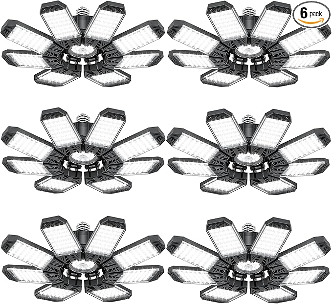 ISKYDRAW Garage Lights 6 Pack, 260W 26000LM Bright LED Garage Light with 8+1 Foldable Panels, Ceiling Basement Lights Screw in E26 E27 Socket Shop Bay Lighting for Workshop, Barn, Warehouse
