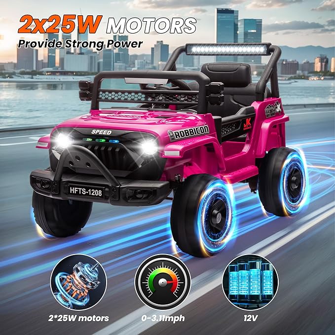 12V Ride on Electric Truck Car for Kids, 12V Kids Electric Vehicles w/Remote Control, Four-Wheel Suspension, USB, Bluetooth, Power Display, Lights, Battery Powered Ride on Toys for Boys Girls (Pink)