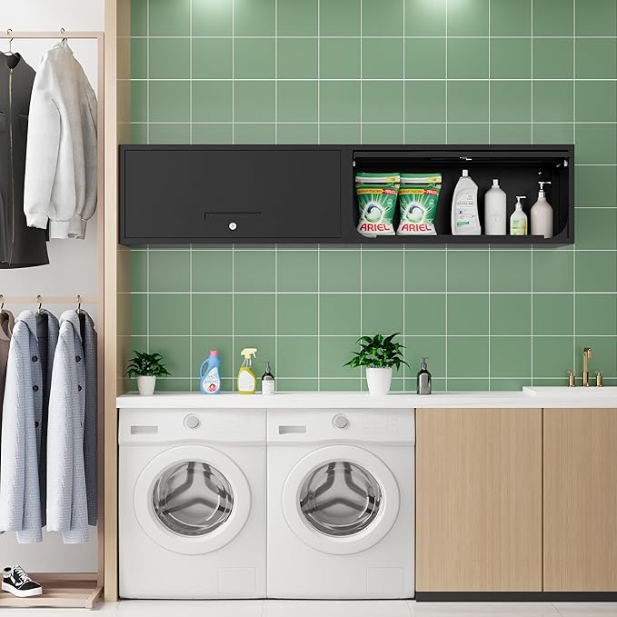 Metal Storage Cabinet Black Wall Cabinets with Locking Door - Wall Mounted Storage Cabinet for Garage Warehouse Home Office - Assembly Required