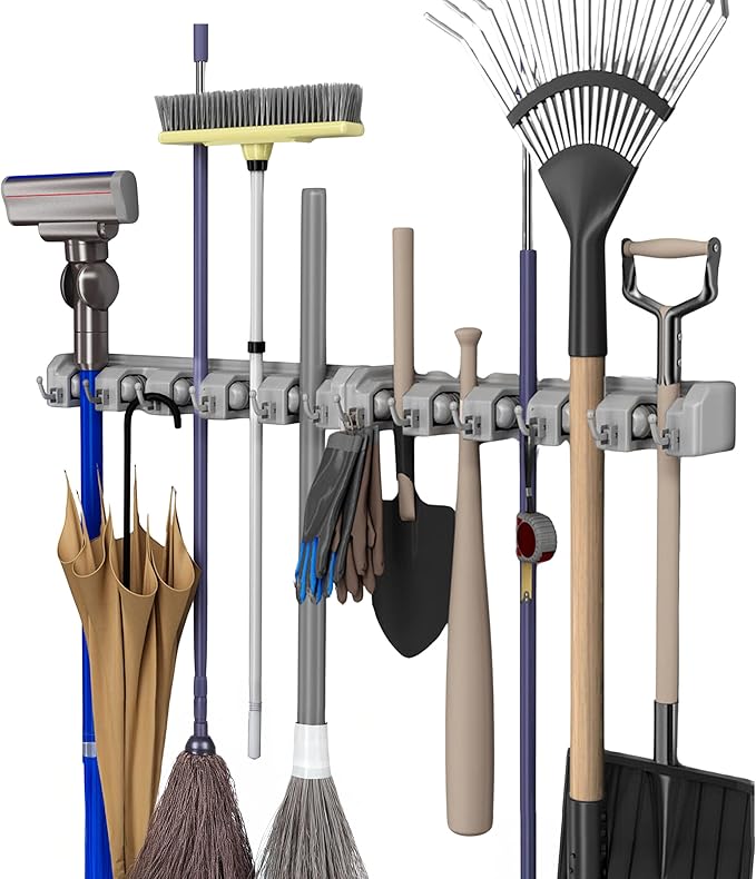 Stalwart Garden Tool Organizer Wall Mount Broom and Mop Holder, 5 Adjustable Slots and 6 Hooks Utility Rack for Garage or Home Organization, 2-Pack