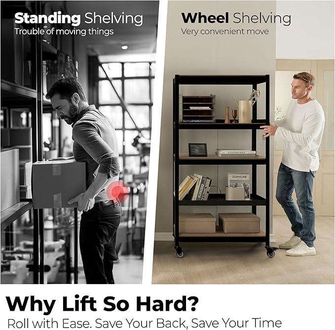 HOMEDANT House 5-Tier Metal Rolling Cart Shelf Rack Casters Heavy Duty Laminated Wheel Shelving Unit Adjustable Utility Storage Shelves Organizer Shelf Kitchen Garage 24.4" W x 16.5" D x 62.2" H 1Pack