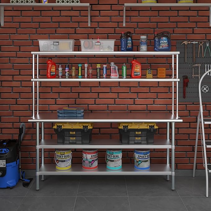 Amgood Stainless Steel Work Table with 2 Shelves | Metal Kitchen Prep Table & Shelving Combo (18" x 72" Table with 2 Shelves + 12" Overshelf)