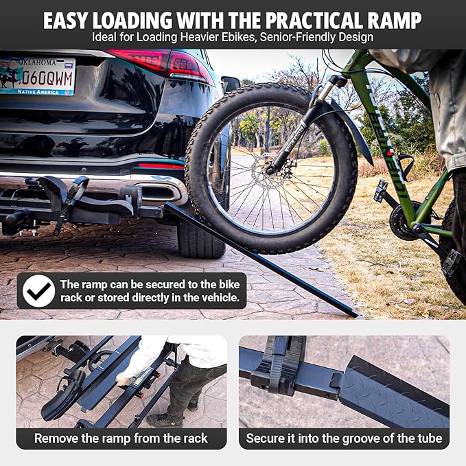 TRAILV2 Hitch Mount 2-Bike Rack with Bike Ramp - Tilt, Fold, Anti-Theft Hitch & Wheel Lock, 170lbs Capacity, 2-Inch Receiver, Up to 5.0" Fat Tire, Electric Bike Rack for Car, SUV, RV, Truck