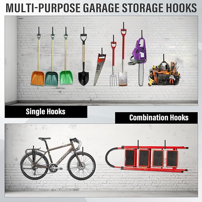 Heavy Duty Utility Hooks, Garage Storage Wall Mount Steel Hooks, Garden Tool Hanger, Garage Organizer for Tool, Ladder, Folding Chair, Hose, Ropes, Bike, etc.(2 S, 2 M, 2 L)
