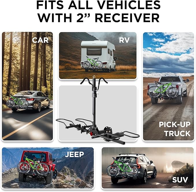 Young 200 lbs. Capacity Hitch Mounted 2-Bike Rack with Lock for Standard, Mountain, Fat Tire Bikes, fit Car, SUV, Van, RV, Trailer, Truck，Fits up to 5" Fat Tire Width and 50" Wheelbase，for 2" Receiver