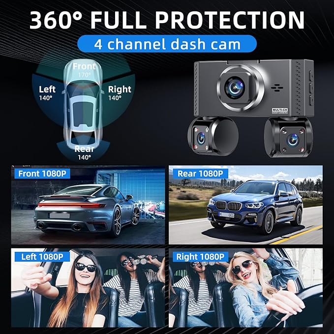 4 Channel Dash Cam Front and Rear, 360°Dash Camera for Car FHD 2K+3x1080P Touch Screen, 8 IR Night Vision, 5G WiFi, APP Control, G-Sensor, Loop Recording, Built-in GPS with 64GB Car, 24H Parking Mode