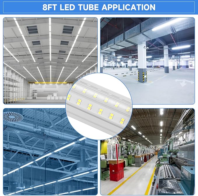8FT U Shape 125W Integrated Tube Bright LED Light, 6500K Clear White, 20000LM - Flush Mount/Hanging Linkable LED Ceiling Lights for Garage, Plug&Play, 6 Pack