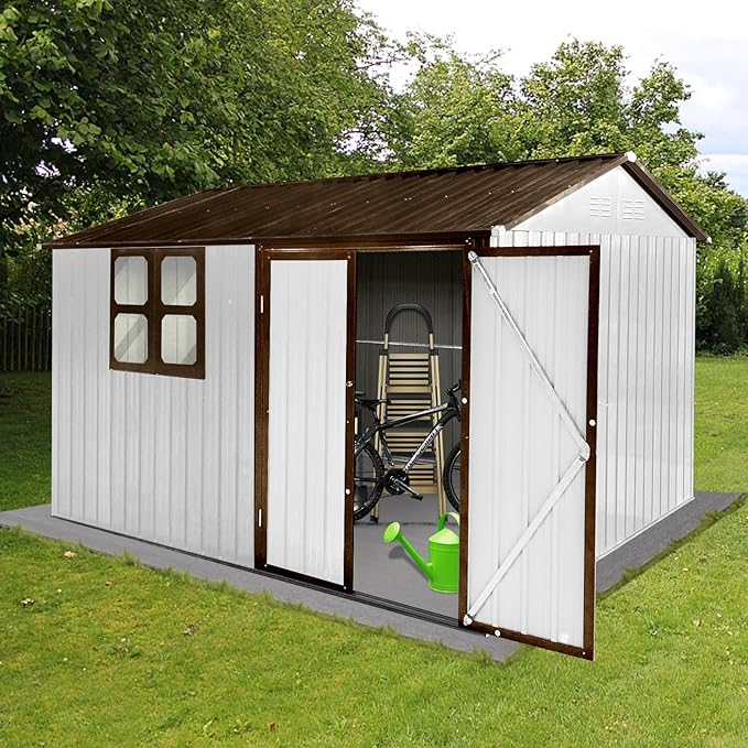 8x10 FT Outdoor Storage Shed, Metal Garden Shed with 4-pane Window, Outside Tool Shed with Lockable Hinged Doors & 4 Air Vents, Waterproof Storage Building for Backyard, Patio, Lawn, White+Coffee