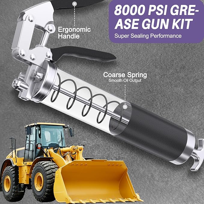 8000 PSI Heavy Duty Grease Gun Kit - 14oz with Flex Hose, Sharp Nozzle, Extension Pipe & Coupler, Yellow