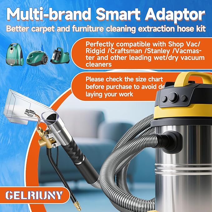 Upgraded Vacuum Cleaner Extractor Kit Compatible with Shop Vac, 50 FT Waterline, Carpet and Upholstery Cleaning Extractor Hose Kit with Hose and Adapter for Home and Car Cleaning, 10 FT Vacuum Hose