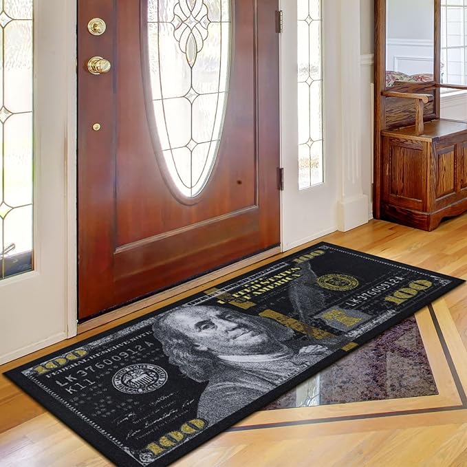 Ottomanson 22" x 53" $100 Bill Money Rug - Durable & Non-Slip Area Rug - Fun & Eye-Catching Decor for Bedroom, Office, Game Room & Man Cave - Unique Gift for & Trendy Home Decor, Black/Gold