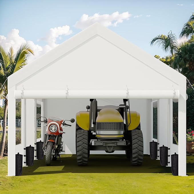 JY QAQA Carport, 10x20 FT Heavy Duty Carport with Removable Side Walls and Doors, Portable Garage with Roll-Up Window and Sandbags, Car Canopy with All-Season Tarp for Cars, Trucks, Boats, White