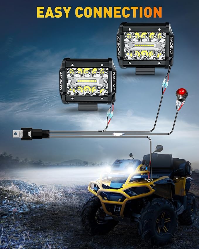 NAOEVO 4 Inch LED Pod Lights, Spot Flood LED Fog/Driving/Off Road Lights with 2 Leads Wiring Harness, Cube Pods for Truck Boat ATV UTV, 2 Pcs (White)