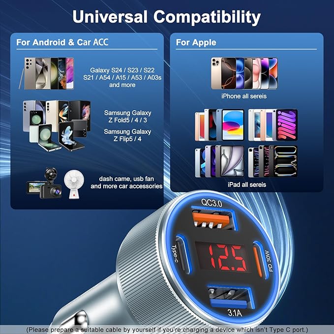 Car Phone Charger for iPhone 16 15, Besgoods USB C Car Charger Adapter 4 Ports with Voltmeter PD&QC Fast Charging Cigarette Lighter for Galaxy S25 S24 S23 A54 A15 Dash Cam, with 6ft USB C to C Cable