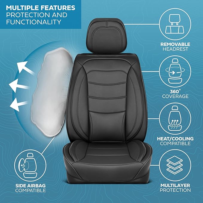 Elite Edition Faux Leather Seat Covers for Cars, Trucks, & SUV - 2 Black Car Seat Covers for Front Seats - Universal Fit Car Accessories Automotive Interior Cover Protector for Most Vehicles