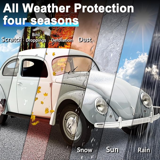 Car Cover for 1960-1980 Beetle Bug Sedan 2-Door,Full Exterior Car Covers for Automobiles All Weather Waterproof Heavy Duty,Zipper/Cotton Design Rain Snow Sun Winter UV Proof【210T Taffeta】- Black