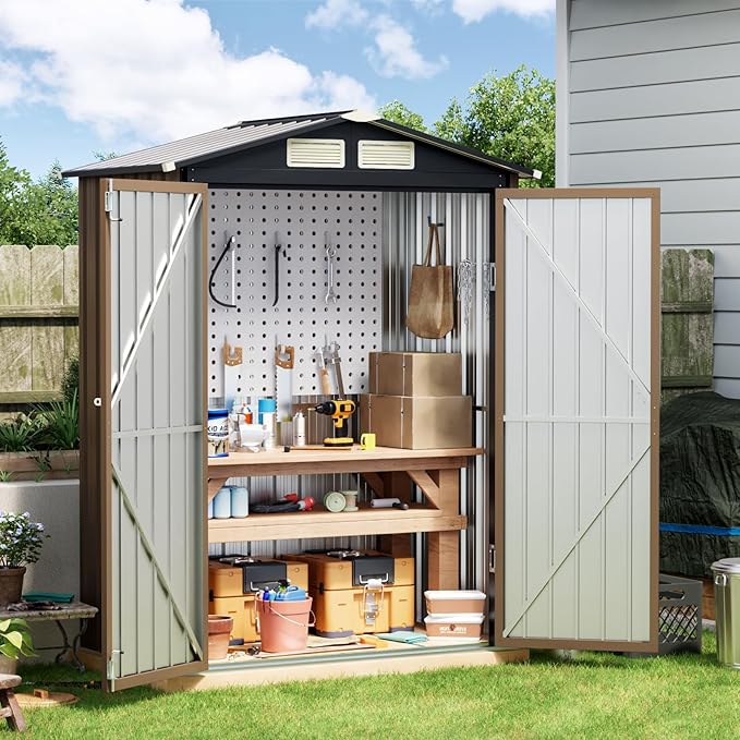 5x3FT Outdoor Steel Storage Shed with Floor Frame, Lockable Doors, Compact Metal Tool Shed for Garden, Backyard, Patio, Utility, and Bike Storage,Brown
