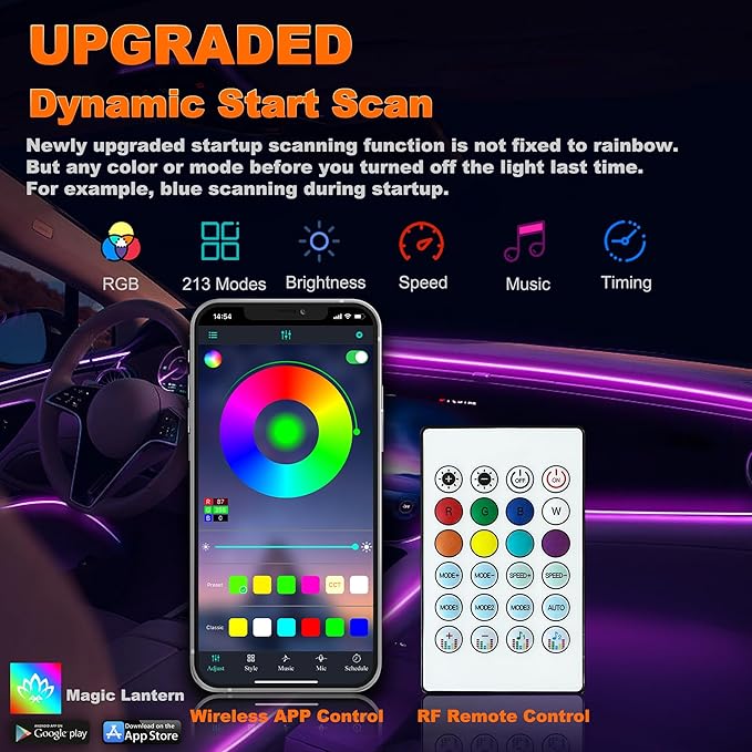 Acrylic LED Lights - Interior Car Ambient Lighting Kits with Dynamic Rainbow Dream Color Chasing, Music Sync (10 in 1(4*29.5+43.3+14.5 inches+4 Footwell Lights))