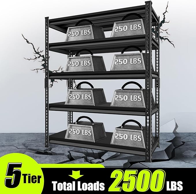Garage Shelving Heavy Duty 2500LBS Loads, 48" W Adjustable Garage Storage Shelves, 5-Tier Metal Shelving Units and Storage, Industrial Utility Shelf, 48" Wx18 Dx78 H,Black