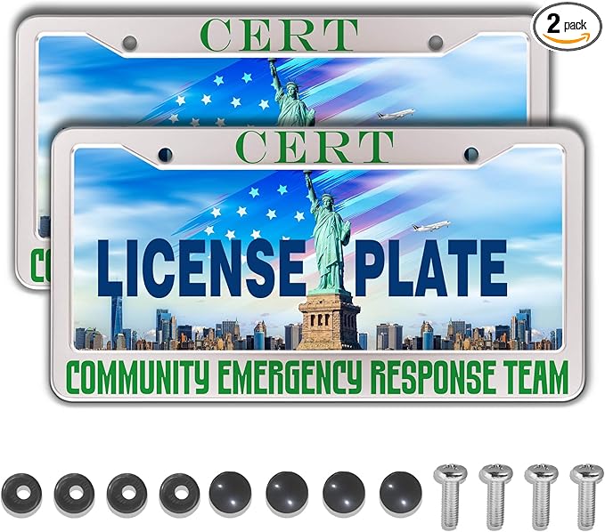 License Plate Frames Black Green Automotive Exterior Accessories Cert Community Emergency Response Team Aluminum Metal Car Accessory 2 Pack with Screw Covers Set