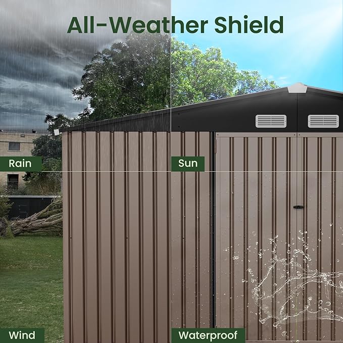 GVDV 10X12 FT Outdoor Storage Shed, Durable Metal Outside Storage for Garden, Patio and Backyard, Waterproof Shelter for Tools, Equipment