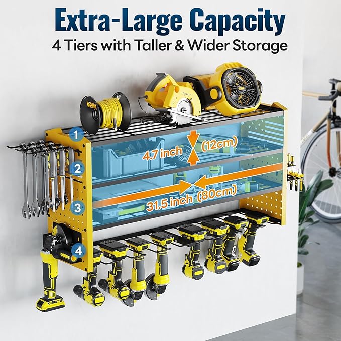 Tomorotec Wall-Mounted Power Tool Storage Rack for Drill, Toolbox & Accessories, Heavy-Duty Steel Organizer with Side Hooks and Adjustable Shelves, Easy Installation Garage & Workshop Storage (Yellow)
