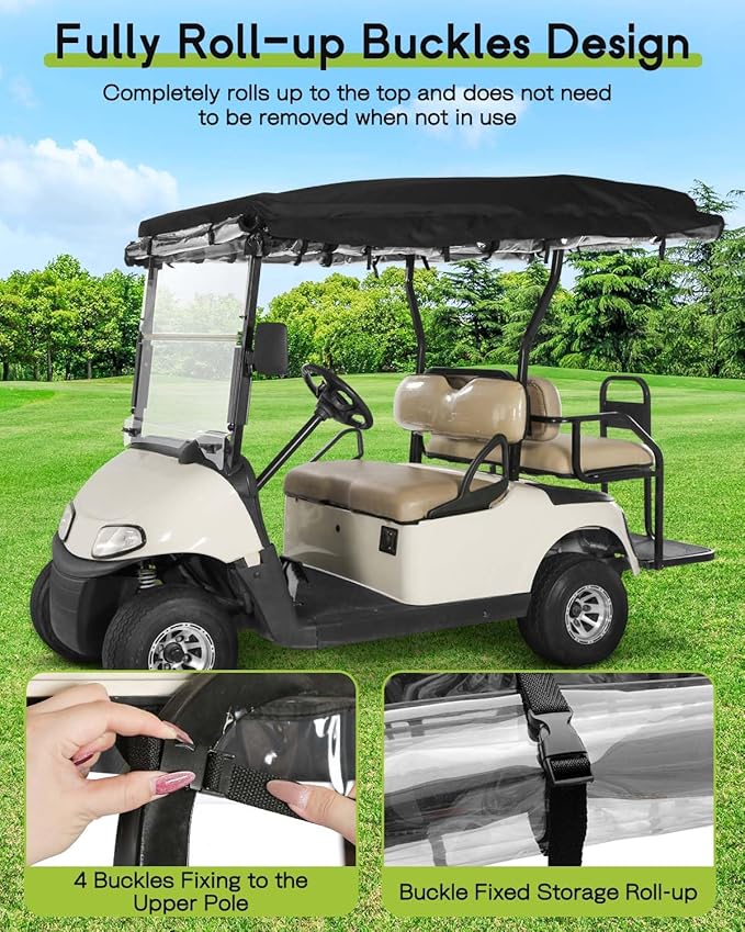 Golf Cart Enclosure 4 Passenger for EZGO RXV 2+2 Enclosure Waterproof Windproof Driving Rain Cover Fit 4-Seater Long Roof with 4-Sided Clear Windows Mirror Openings Roll-up Zipper Door Black