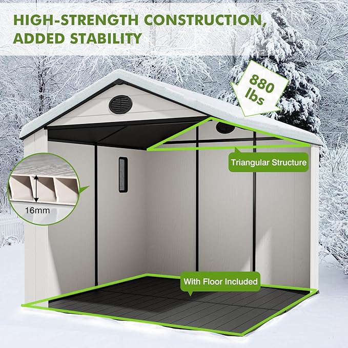 COOS BAY Resin Outdoor Storage Shed with Lockable Double Doors, Heavy-Duty Floor, All-Weather Garden Shed for Tools & Equipment, 8x8 ft, White/Gray