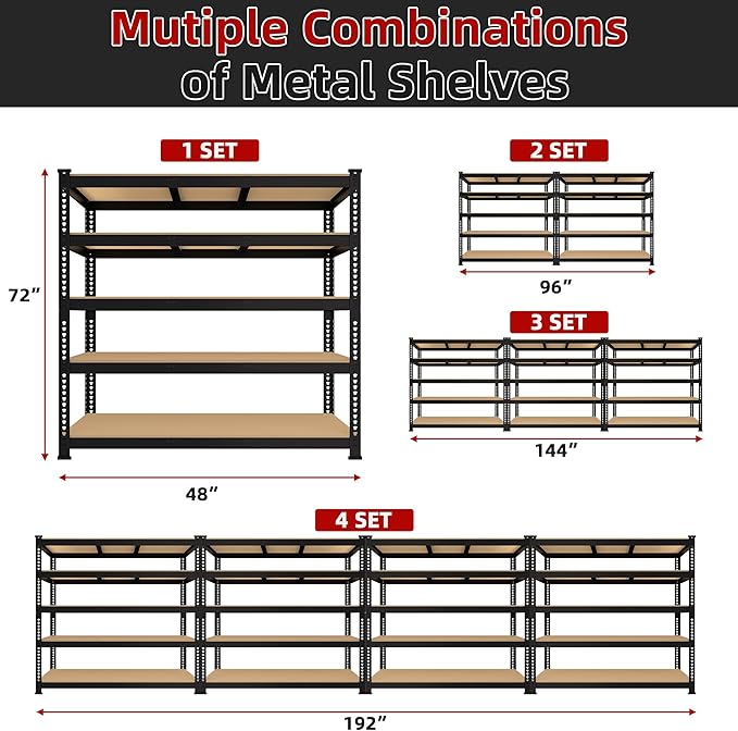 4 Packs 48" W x 24" D x 72" H Adjustable Garage Storage Shelves - 5-Shelf Heavy Duty Shelving Unit, Metal Utility Storage Organizer Racks for Warehouse Pantry Closet Kitchen, Black