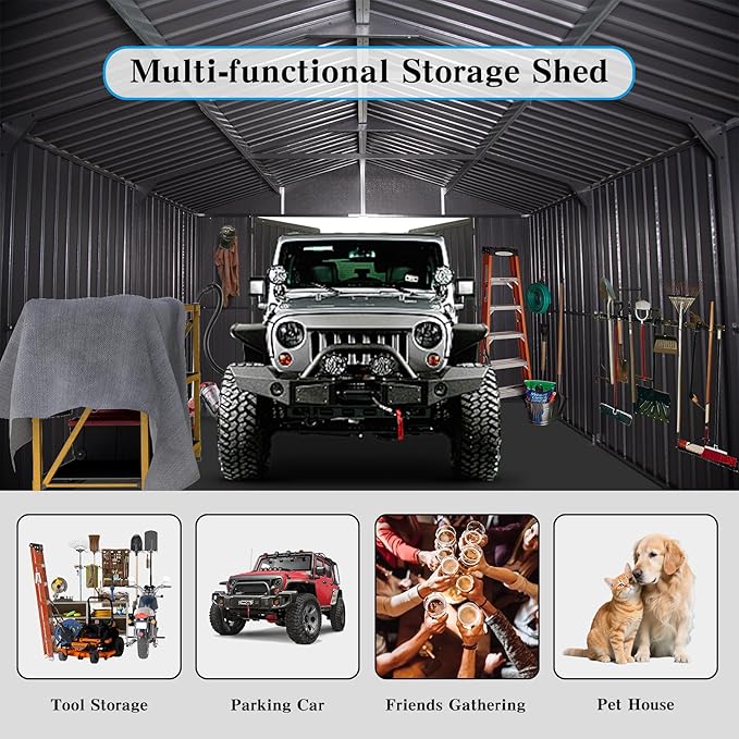 Domi 12x20FT Outdoor Garage Metal Shed, Extra Large Carport with Skylights & Dual-Entry, Backyard Storage Shed for Car, Truck, Lawn Mower and Tool, Dark Grey