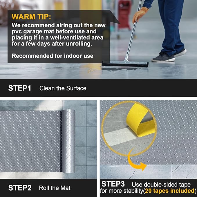 8x20 FT Garage Floor Mat, 2.8mm Thickened Flooring Roll Diamond Plate PVC Rubber Trailer Mat with 20Pcs Tapes, Non-Slip Floor Protector Mat for Garage, Warehouse, Gyms, Trailer, Gray