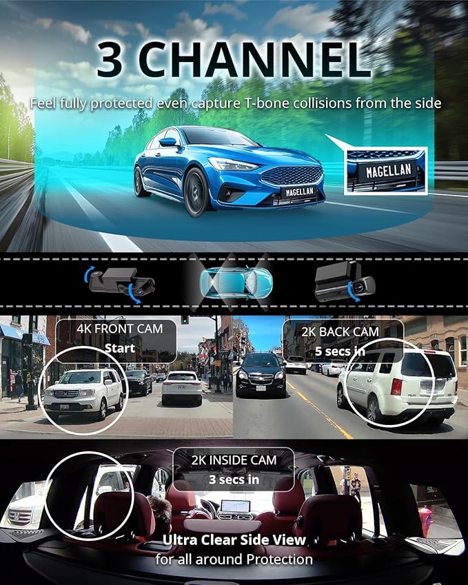 MAGELLAN 3 Channel 4K Dash Cam for Cars, 4K Front + 2K Wide Angle(170°) + 2K Rear, Fatigue Alert, Ultra-Precise GPS, STARVIS 2 IMX678, Wi-Fi, App Control, Parking Mode, 64GB Card Included (DR50)