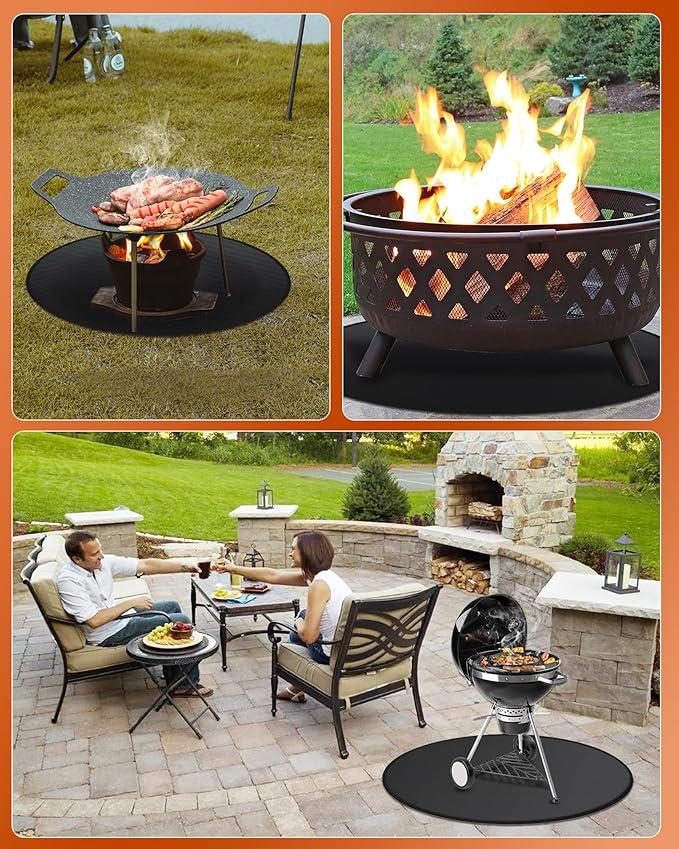 Round BBQ Grill Mat, 36 inches Double-Sided Fireproof Pad for Indoor Outdoor Grilling 4-Layer Oil-Proof Waterproof Protector for Deck Patio