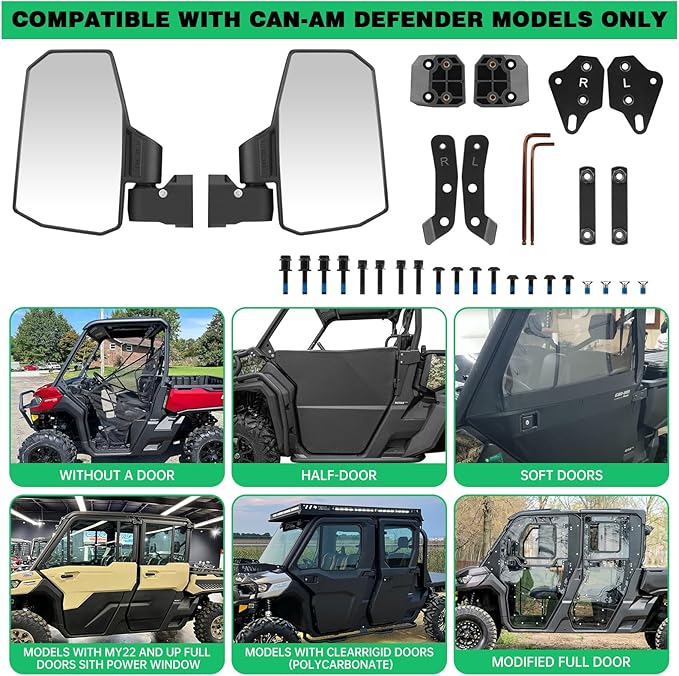 Defender Side Mirrors,The Spring Back Feature Allows Easy Reset After Fold,2024 New UTV Mirrors Compatible with Can Am Defender HD10 HD9 HD8 HD7 HD5,Suitable for No Door,Half Door,Full Door