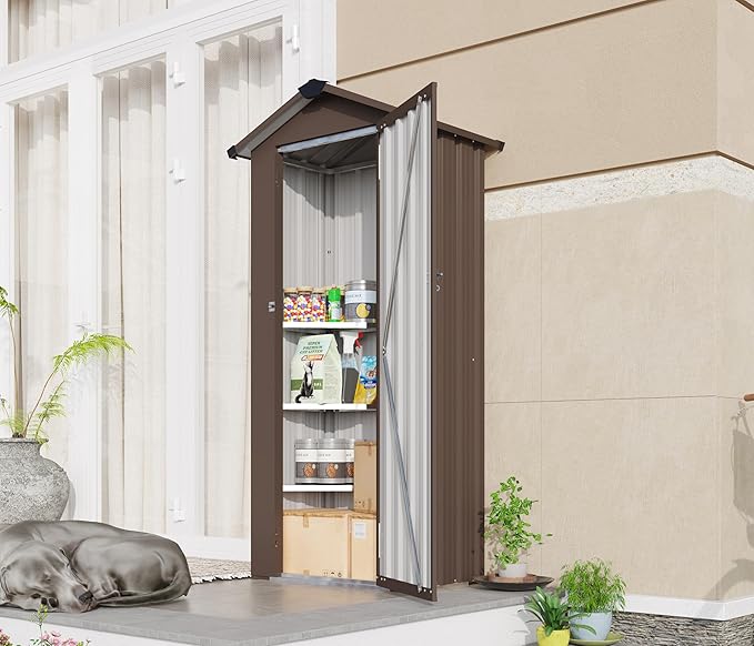 2.5x1.4 FT Outdoor Storage Shed, Small Metal Garden Shed with Adjustable Shelves, Mini Outside Tool Sheds with Lockable Hinged Door, Waterproof Outdoor Storage Cabinet for Backyard, Patio, Lawn, Brown