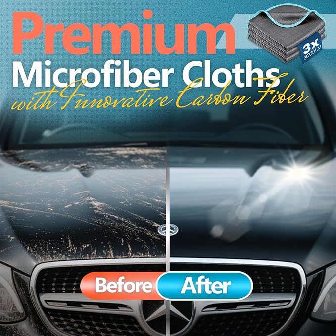 Airlab Carbon Microfiber Towels for Car Glass Window Polishing Cleaning Cloth Auto Detailing Lint Free Streak Free Drying Car Wash Towel, Pack of 3, 12" x 12", Grey-Blue