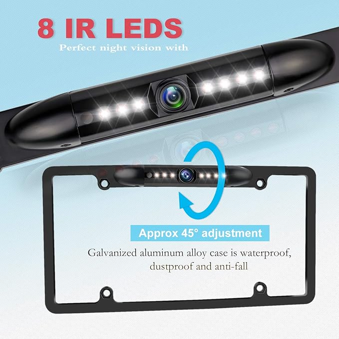 JPP License Plate Backup HD Camera, Rear View Camera 170° Viewing Angle Universal Night Vision Waterproof High Sensitive 7 Bright LED Reversing Car Camera