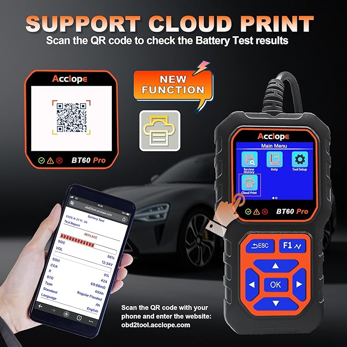BT60 Pro Acclope Car Battery Tester with Cloud Printing 100-3000 CCA 6V 12V 24V AGM Lithium Gel Battery Checker Automotive Alternator Digital Analyzer Charging Cranking System Vehicles Truck Home-use