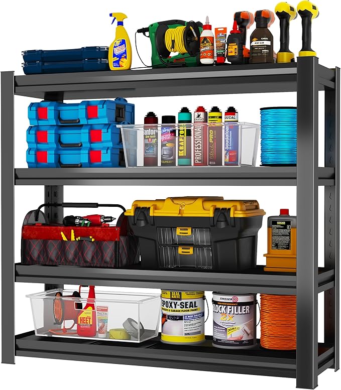 Garage Shelving, Adjustable Storage Shelf, Heavy Duty Storage Shelves, Sturdy Steel Storage Shelf for Garage and Workshop, 4-Tier 44" H x 40" W x 14" D, Black