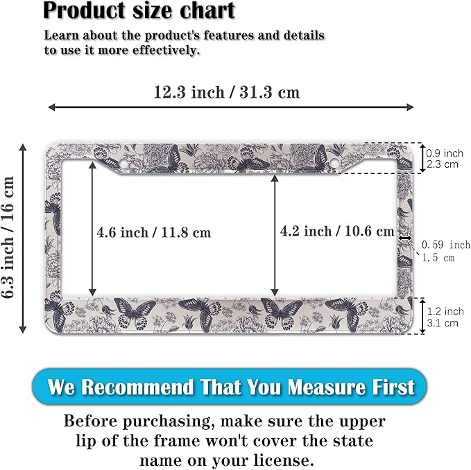 Automotive Exterior Accessories Black and White License Plate Frames Butterfly Flowers Universal Aluminum Car Accessory 2 Pack with Screw Covers Set