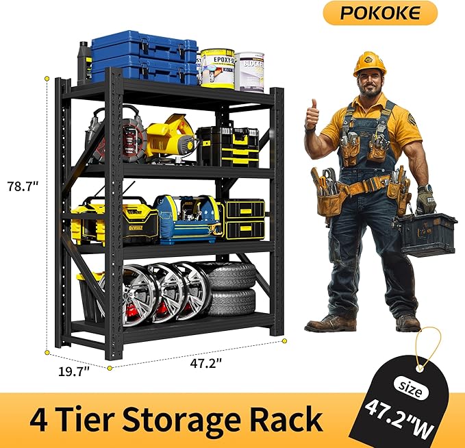 Garage Shelving Unit, 4 Tier Heavy Duty Racks, Easy Assembly, Metal Racks with Adjustable Shelves, 3000 LBS Load Capacity,for Warehouse,Basement (Black, 19.7" D x 47.2" W x 78.7" H)