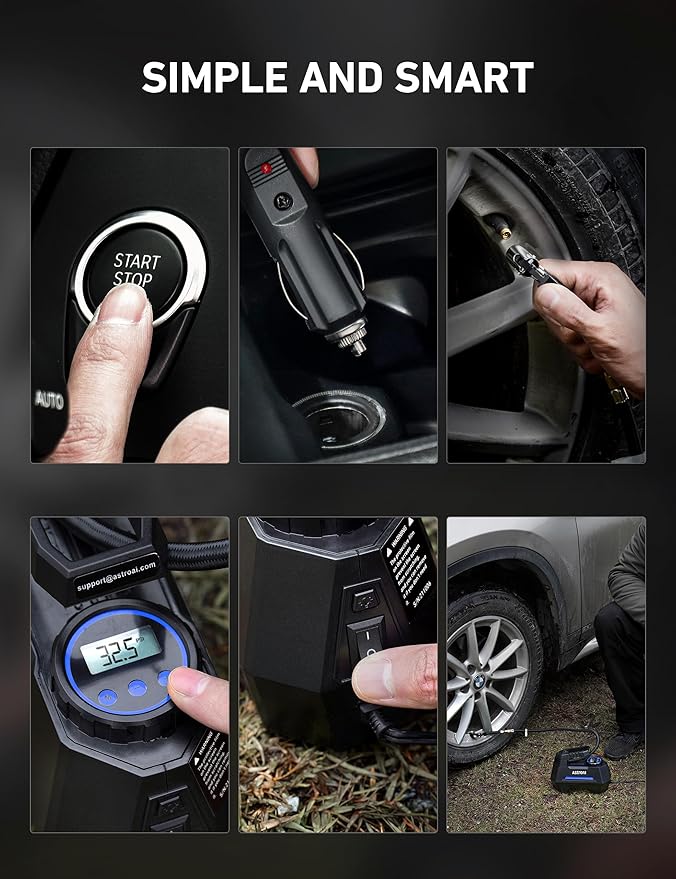 AstroAI Tire Inflator Portable Air Compressor Tire Air Pump for Car Tires - Car Accessories, 9.8Ft Cord-12V DC-Powered Auto Pump with Digital Pressure Gauge, LED Light for Bicycle, Balloons, Blue