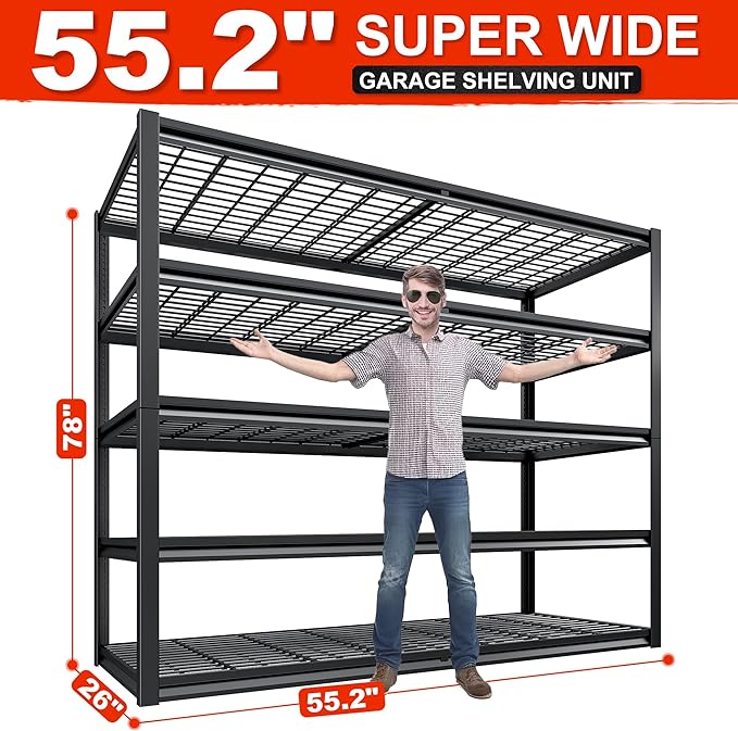 REIBII 78" H Garage Shelving Heavy Duty Load 3000LBS, Adjustable Storage Shelves, 5 Tier Metal Shelving Unit for Storage Racks Industrial Shelf, 55.2" W x 26" D x 78" H, Black