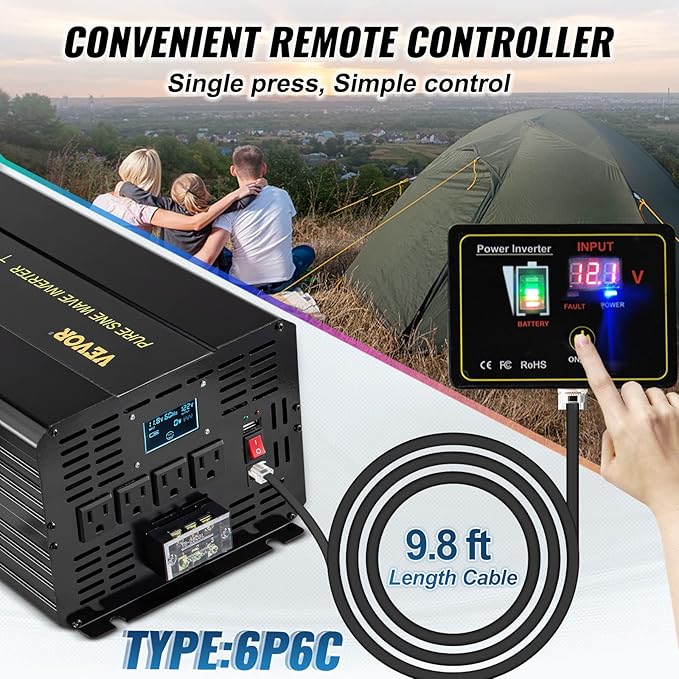 VEVOR Pure Sine Wave Inverter, 5000 Watt, Power Inverter, DC 12V to AC 120V Car Inverter, with LCD Display, USB Port and Remote Controller, Power Converter for Car RV Truck Solar System Travel Camping