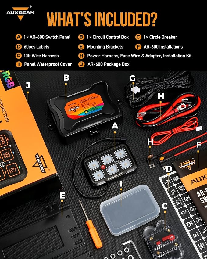 Auxbeam 6 Gang Switch Panel Bluetooth RGB AR-600 with Toggle Momentary Pulsed Modes Multifunctional Switch pod with Manual and Automatic Backlit Control Boat Switch Panel for Truck Car ATV Waterproof